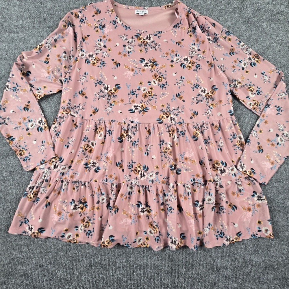 Love Fire Floral Mesh Babydoll Top Womens Size 0X Pink Long Sleeve Tiered Blouse